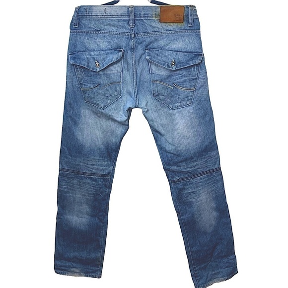 Jack Jones 1975 Distressed Jeans Men Sz 32 Blue Button Fly Slim Straight Denim - Picture 2 of 15